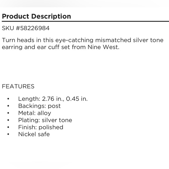 Nine West Silver Tone Mismatch Ear Cuff & Huggie Earring Set New - Picture 2 of 2